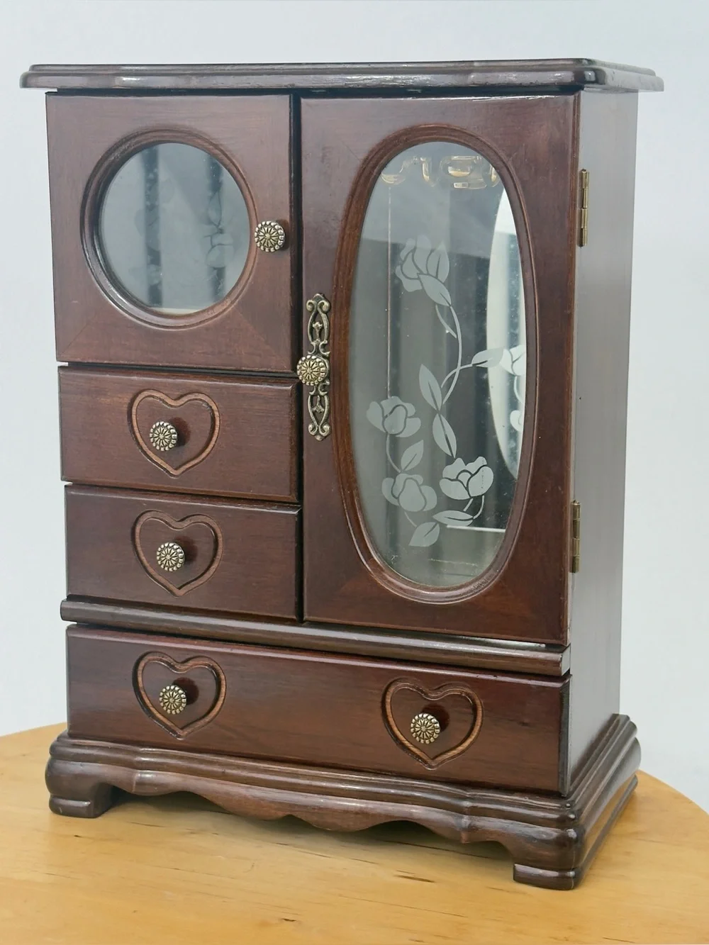 Wooden Heart-Drawer Jewelry Box with Mirrored Door - Dark Brown